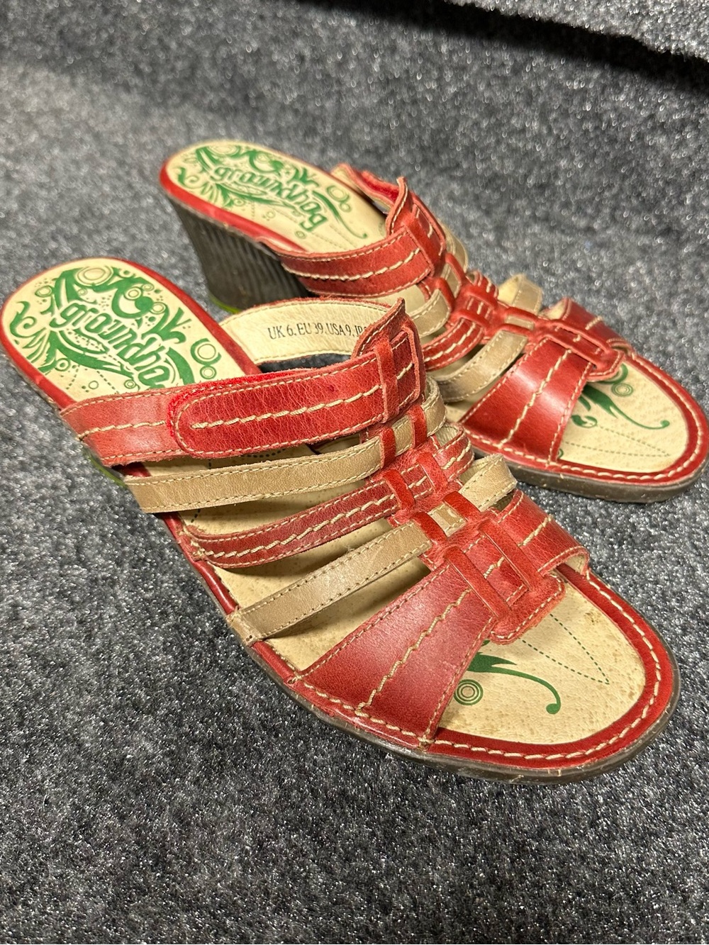 Red leather wedge heeled sandals strappy chunky boho summer whimsical granola